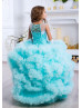 White Lace Turquoise Tulle Cloud Ruffles Flower Girl Dress